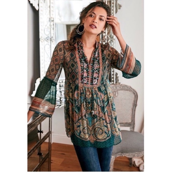 Soft Surroundings Tops - Soft Surroundings Emerald Shira Embroidered Floral Peasant Top Sz S